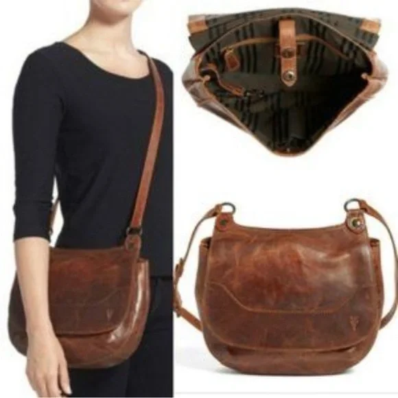 FRYE Melissa Saddle Bag Leather Cognac Crossbody - Picture 1 of 16